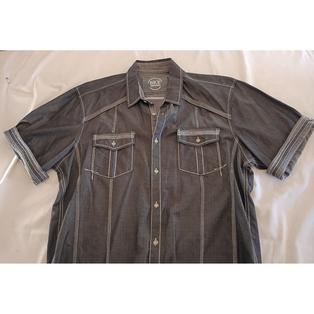 Buckle BKE Men's Shirt Muscle Fit Pin Stripe Thick Stitch  L Black Athletic Nwot